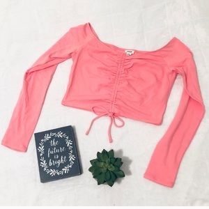 off shoulder crop top with cinch ruching